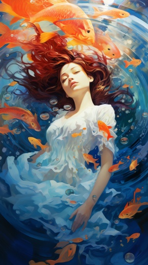 The illustration consists of colorful fishcomposed of several rotating whirlpool, thewoman looks above from the depths of thebottom of the sea, the starry sky above thebottom, scattered composition, spectacularbackground, large painting style, light whiteand sky blue, ar 9:16v 5.2