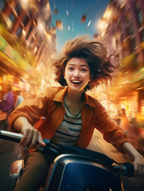 一个现代的风一样的女子，骑着电瓶车驰骋在灯红酒绿的马路上，等待去接他的快放学的孩子