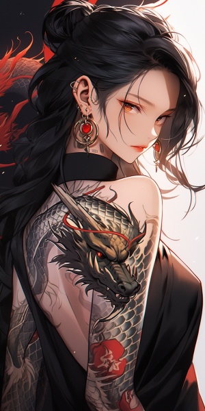 a woman with a dragon tattoo on her arm, by Yang J, pixiv contest winner, fantasy art, skin of flames, clean detailed anime style, high detailed illustration, anime style illustration, lit from behind, of taiwanese girl with tattoos, closeup shot, anime girl wearing a black dress, highdetailed, keqing from genshin impact, magali villeneuve', album art niji 5 ar 9:16