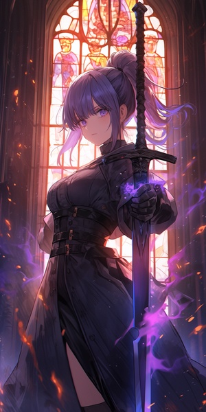 Purple hair,dark purple hair,dark blue eyes,low ponytail,female adult,battle,black winbreaker,coat,sword,flame,magic,alchemy,vergil,in the church,with a katana niji 5 ar 9:16