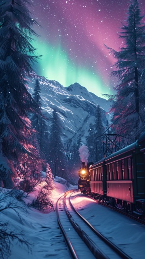 Pink aurora in white snow with small trains and crowds