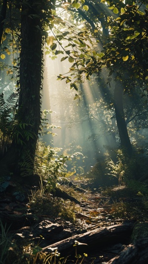 正午，穿越森林，阳光透过茂密的树叶，森林充满了自然的生机。crossing the primeval forest scene, midday sunlight, Sunlight streaming through the forest, the enigmatic atmosphere of the primeval forest,cinematic scene,8k, realistic, cinematic,hollywood-style,natural light ar 16:9 v 6.0