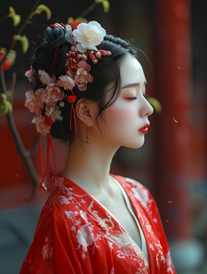 a woman in a red dress with flowers in her hair, palace ， a girl in hanfu, beautiful oriental woman, hanfu, popular korean makeup, traditional beauty, chinese dress, gorgeous chinese model, jingna zhang, chinese costume, white hanfu, beautiful asian woman, asian beautiful face, popular south korean makeup, ancient chinese beauties, traditional chinese, chinese princess