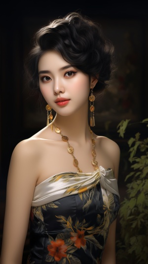 美少女绸缎刺绣旗袍，超华丽细节，微笑注视前方