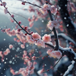 大雪纷飞，天地苍茫，一树梅花雪中绽放。