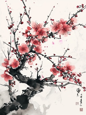 国风工笔梅花：王希孟风格的纸本传统绘画