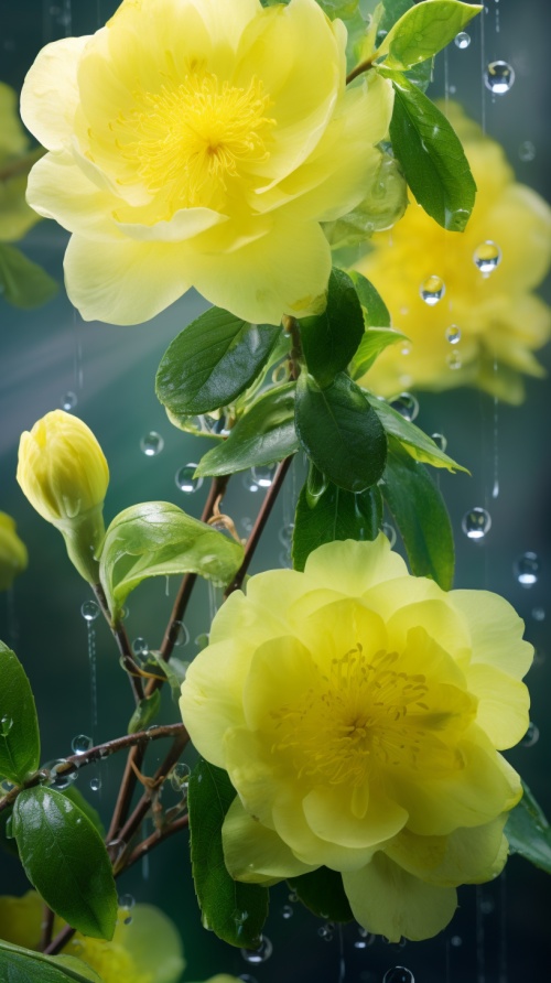 几朵黄色山茶花和绿色花苞,有露珠,露珠,背景虚化 ,超高清,真实 ，高清壁纸 v 5.1