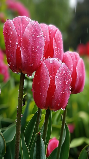 雨后美丽的粉色郁金香，五六朵花带着花蕾，背景花园虚幻，水滴晶莹剔透，天气晴好，清晰度最高，花园里开满了ca mellia花，真实拍摄，细节清晰