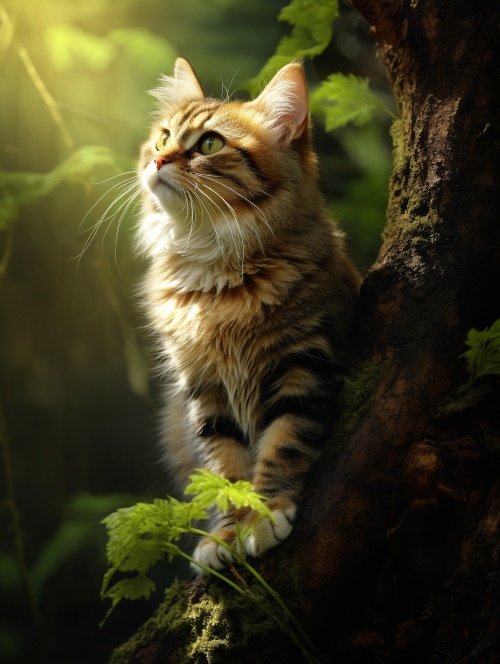 cute cat with bright sparkling eyes and soft fluffy fur, sitting gracefully on a mossy tree branch in a lush green forest, its tail elegantly curled around the branch, while delicate sunrays filter through the leaves, casting warm shadows on its synchronized movements, creating a mesmerizing portrait of grace and tranquility.