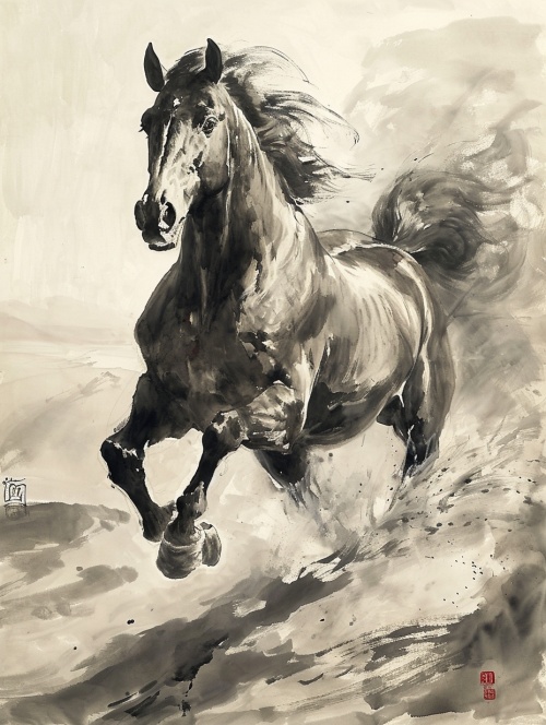 國畫畫一匹奔騰的馬要有國畫大師徐悲鴻的畫風 只要黑色和白色兩種顏色
