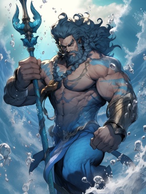 Poseidon: Muscular Man with Blue Hair Holds Trident