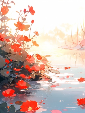 湖泊，太阳，鲜花，火红的太阳，太阳照射在水面，水边的鲜花在太阳照射下鲜艳似火，火红的花朵，田园风，中国插画风，超高清