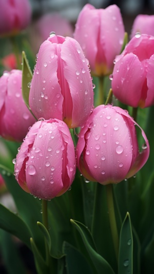 雨后粉色郁金香花园虚幻水滴晶莹