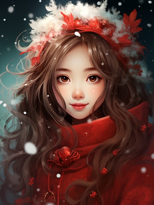 新年快乐，雪花，中国美女，大眼睛，双眼皮，长头发，穿着红衣服
