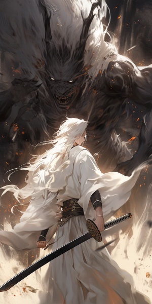 A man with short black hair holding a huge sword in his hand. A man with long white hair, wearing a white robe, with scars on his face, two people fighting each other, swords clashing and slashing, dynamic shooting, anime style, precision art, 8K resolution, airbrush art (two people) niji 5 ar 3:4