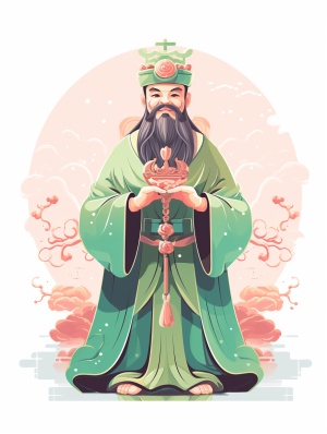 A Chinese Taoist God of Wealth,praying happily.Holding a magic weapon in hand,full body photo.Graphic style illustration,pink and light green.Graphic style illustration.Vector illustration,flat cartons,flat illustration,white background,3k