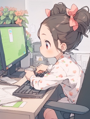 可爱的小女孩穿着西装在电脑桌前打字