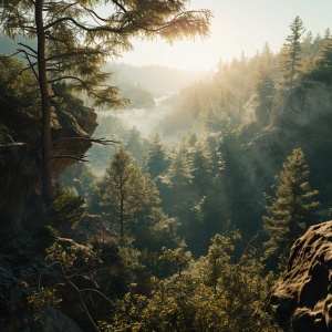 Overlooking the entire forest from the cliff, morning sunlight, the forest mist rising, cinematic scene,8k, realistic, cinematic,hollywood-style,natural light ar 16:9 v 6.0