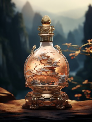 香水瓶，中国风，以中国神话为主题，超现实设计，8k