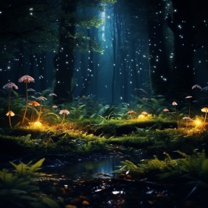 in the primeval forest at night, twinkling fireflies, beautiful colorful lights emanate In the distant forest, cinematic scene,8k, realistic, cinematic,hollywood-style,natural light ar 16:9 v 6.0