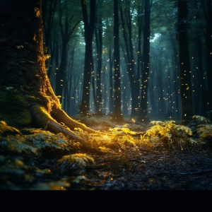 Twinkling Fireflies in the Primeval Forest at Night