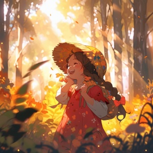 秋日麻花辫小女孩，艺术向日葵与遮阳草帽