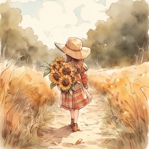 秋日麻花辫小女孩，艺术向日葵与遮阳草帽