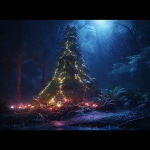 in the primeval forest at night, in the depths of the jungle, (giant Christmas tree:2),A massive Christmas tree stands in the midst of the forest, gorgeous Christmas tree with colorful lights,cinematic scene,8k, realistic, cinematic,hollywood-style ar 16:9 v 6.0