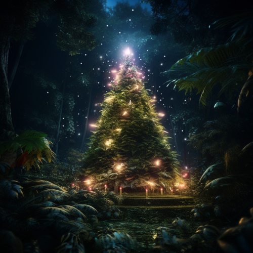 in the primeval forest at night, in the depths of the jungle, (giant Christmas tree:2),A massive Christmas tree stands in the midst of the forest, gorgeous Christmas tree with colorful lights,cinematic scene,8k, realistic, cinematic,hollywood-style ar 16:9 v 6.0
