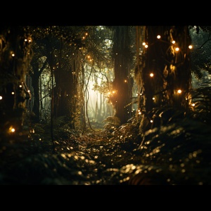 8K Cinematic Scene: Christmas Lights Illuminate Primeval Forest