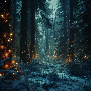 in the primeval forest at midnight, Christmas lights at center, light up at darkforest in the distance, cinematic scene,8k, realistic, cinematic,hollywood-style ar 16:9 v 6.0