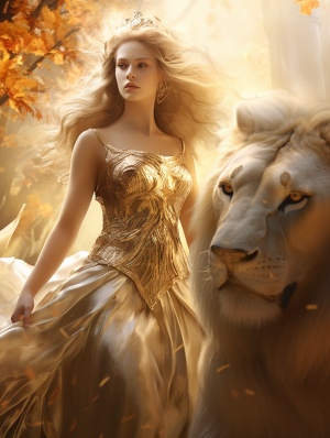 美女骑狮子行走森林，威武雄壮全景展示