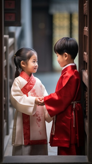 中国传统礼仪：穿汉服的小姑娘与小男孩并排站在红色大门前