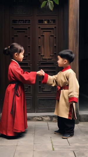 中国传统礼仪：穿汉服的小姑娘与小男孩并排站在红色大门前