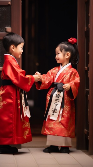 五岁小姑娘和小男孩在中国红色门前的可爱姿态