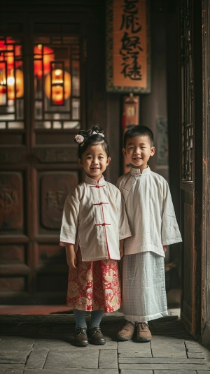 中国古典大门上的春联与小孩的微笑