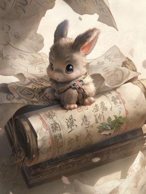 一只可爱的兔宝宝展开古书卷轴，与古风画卷中的小麒麟兽共同享受游戏时光