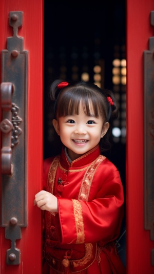 红色大门与微笑的小女孩