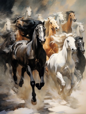 现实与神秘：徐悲鸿风格的黑白八匹奔腾之马