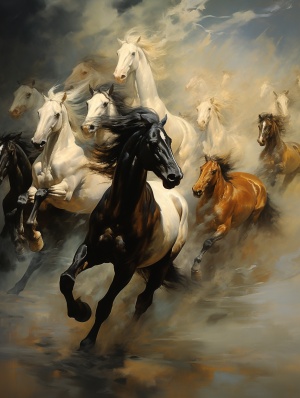 现实与神秘：徐悲鸿风格的黑白八匹奔腾之马