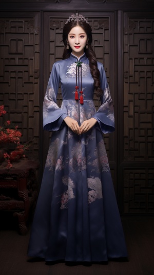中国古风木雕门为背景，五官精致的中国女子展示的是一件中国风西装外套,蓝色色,长袖,袖口处有拼接布,凤凰暗纹图案,高级的缎面面料,有暗纹,漂亮的盘扣,流苏装饰,垂直流畅,非常高级精美有质感,非常奢华高贵,高贵奢华,真实高清，全身展示 v 5.2 ar 9:16，温柔，起现实，神秘。