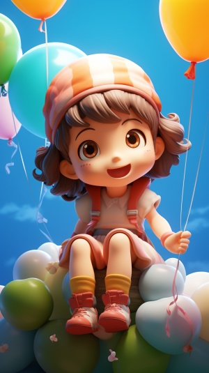 Waa小女孩，超级可爱，丰满的身体，坐在漂浮的气球上，刺激的冒险，盲目的盒子玩具，鲜艳的色彩，细腻的光泽，电影柔和的光线，3d渲染，高角度视角，柔和的背景niji 5