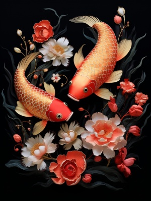 插画：两条锦鲤与牡丹花