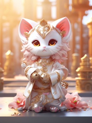金色服装的动漫猫雕像：3D游戏艺术风格的中国新年庆祝活动