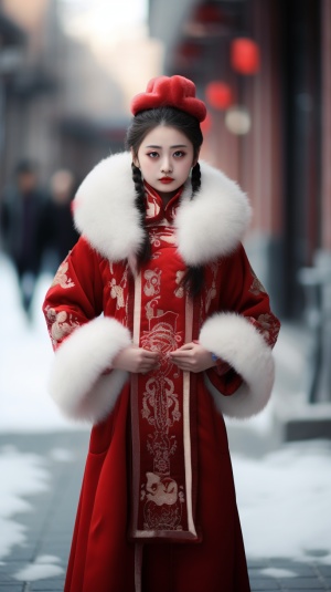 亚洲美女、圆脸，五官精致漂亮，面向观众、穿着一套冬天红色的加厚毛绒边汉服、头戴红色白边拟人化小龙毛绒绒的帽子，全身照、站在街上，超高清，超分辨率，顶级摄影师作品。