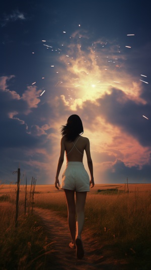 4k 一位身穿白色露肩连衣裙和超短裤的黑发少女站在草原上，面向屏幕，此时草原上正是星光灿烂，流星从她背后划过