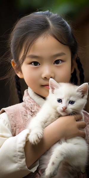 八岁中国萌娃与可爱猫咪相伴欢乐