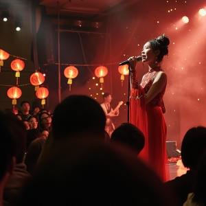 元旦，一名女歌手在台上唱歌，台下观众很多。
