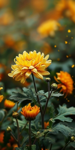 金色的秋菊怒放在清晨的花园里，犹如一颗明亮的宝石，花瓣轻柔而饱满，散发着淡淡的芳香。微风轻轻拂过，使得秋菊摇曳着纤细的枝条，犹如一位优雅的舞者。花心处的黄色花粉似乎在微风的呼吸下飘散，落在周围的绿叶上，勾勒出一幅和谐的色彩交织图案。