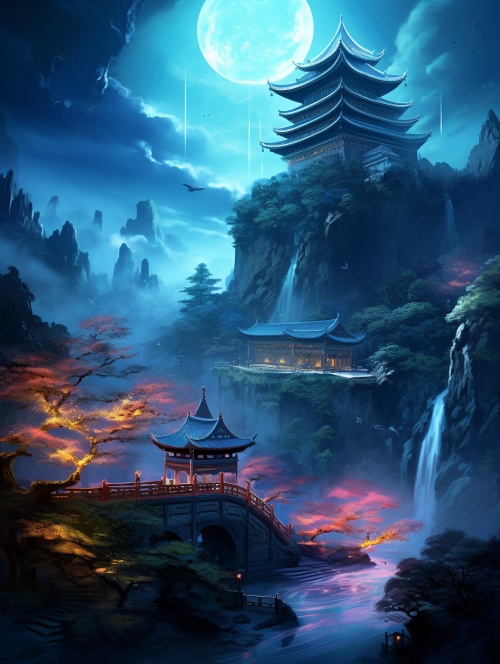 Chinese style, the place where Chinesegods live, at night, mountains and rivers,pavilions, magnificent, lights, bright lights,Chinese style palaces, palaces, inlaid withgold, clouds and mist, fairy air, summer,night, large lights, no dark corners, 3Dfairy game painting style, rich details,high-definition, ice blue, cool colors,shocking scenes, grand,game screenstyle,16kar3:4s 200q5v5.2